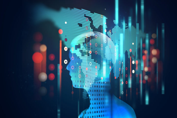 double exposure image of virtual human on world map 3dillustration