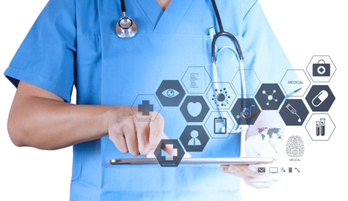 Medicine doctor working with modern tablet computer and virtual